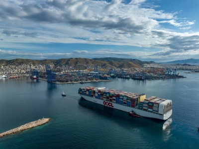 One of the largest container ships in the world at the port of Piraeus
